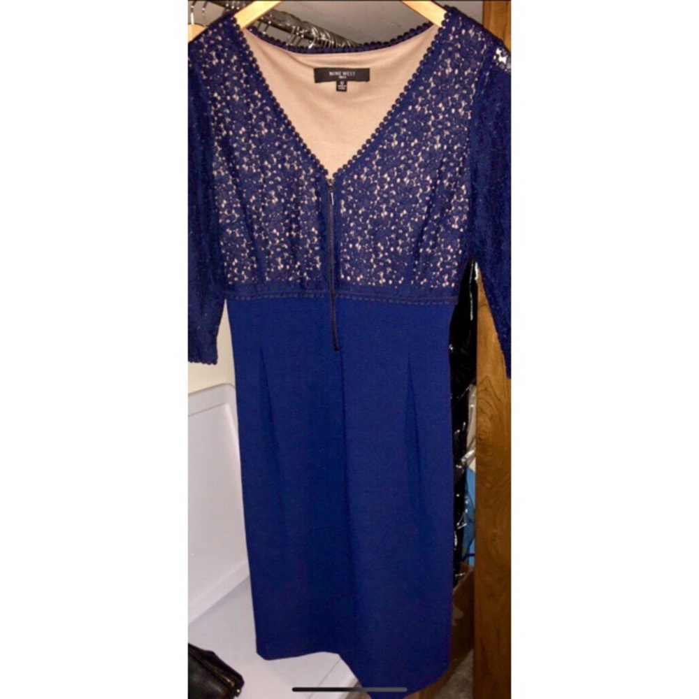 Nine West Dress; 3/4 sleeves; blue; lace; zipper